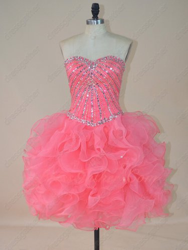 Lovely Thick Ruffles Knee Length Watermelon Organza Cocktail Dress Free Shipping UPS