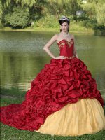 Wine Red Taffeta Bubble Train Overlay Flat Gold Organza Quinceanera Gown