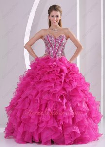 Cheap Hot Pink Dense Ruffles Quinceanera Ball Gown Beading Corset/Fishbone Lines