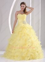 Daffodil Yellow Organza Dense Ruffles Princess Quinceaners Queen Ball Gowns Cheap