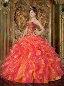 Lines Full Polyester Boning Organge/Hot Pink Ruffles Fluffy Quinceanera Gown