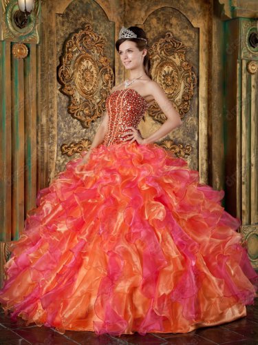 Lines Full Polyester Boning Organge/Hot Pink Ruffles Fluffy Quinceanera Gown