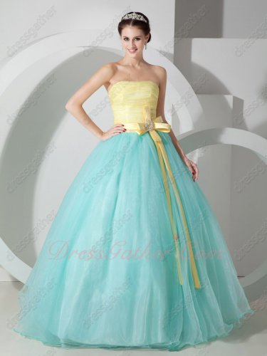 Mint Green Smooth Organza Skirt/Yellow Ruching Bodice Quince Ball Gown Under 140