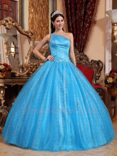 Single Shoulder Dodger Blue Tulle Military Quinceanera Dress With Sparkling Tulle