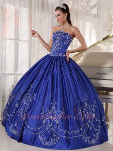Western Natural Waist Silver Embroidery Quinceanera Dress Royal Blue Strapless