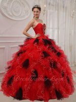 Half Beadwork Half Ruching Bodice Quinceanera Dress Red Rufffles Mingle With Black