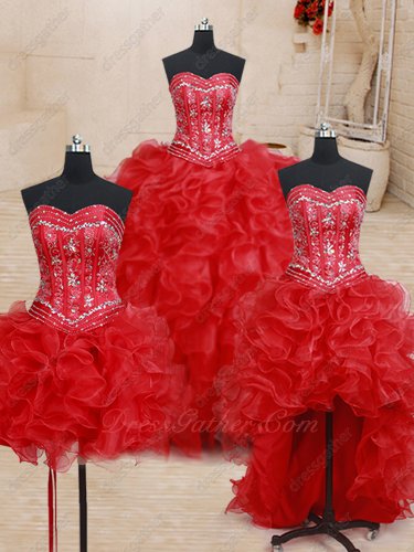 Red Quinceanera Dress Detachable Short Skirt/High Low/Ball Gown Silver Embroidery