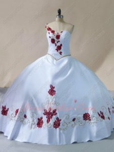 Right One Strap Plain Western Quinceanera Gowns White Satin With Wine Red Embroidery