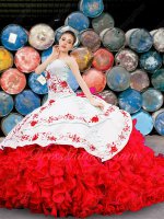 Western Swing Quinceanera Gown Embroideried White Blouse and Layers Overlay Red Ruffles