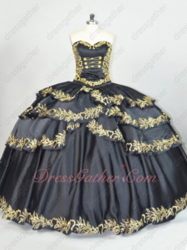 Cross Layers Skirt With Gold Embroidery Edge Western Black Quiceanera Dress Coupon