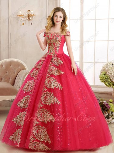Coral Red Tulle Lady Prom Ball Gown Vogue Golden Pineapple Appliques Runway Pageant