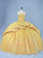 Graceful Flat Sparkle Tulle Ball Gown Appliqued Overlay Chapel Train Gold Quince Gowns