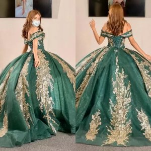 Modest Lapel V Neck Dark Emerald Green Glitter Gold Appliques Quinceanera Ball Gown