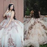 Sparkle Rose Gold Applique Quinceanera Dress Detachable Trumpet Sleeves