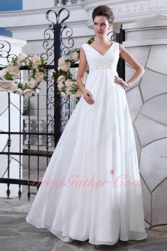 Clearance V-neck White Chiffon Formal Prom Dresses/Simple Wedding Dress