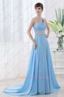 Graceful Single Shoulder Nattier Blue Chiffon Sweep Train Compere Prom Dress