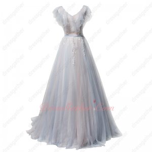 Flouncing Neckline Pleated Tulle Baby Blue and Baby Pink Girlish Prom Dress