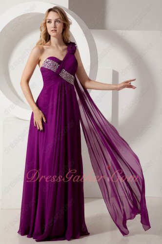 Rose Flowers Strap Mauve Purple Formal Evening Dress Shoulder Flowing Ribbon Train