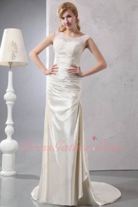 2023 New Scoop Lace Collor Beige Glossy Smooth Fabric Evening Gowns Petite