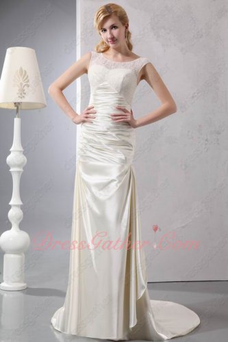 2022 New Scoop Lace Collor Beige Glossy Smooth Fabric Evening Gowns Petite