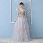 Noble V Neck Waist Shaped Silver Tulle Celebrity Evening Prom Formal Gowns 3D Applique