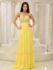 Bright Yellow Chiffon Fully Silver Beading Blouse Pleated Evening Pub Dress Long