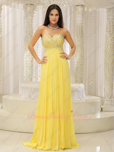 Bright Yellow Chiffon Fully Silver Beading Blouse Pleated Evening Pub Dress Long