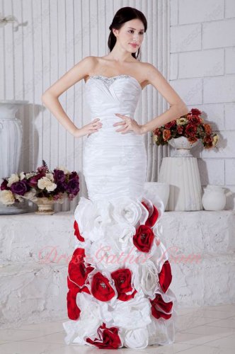 One-step Mermaid Ruching Taffeta Prom Dress With White and Red Rolled 3D Flowers