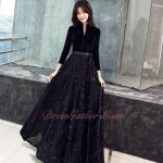 Mature V-Shaped Cut Out Black Velvet Sparkle Sequin A-line Evening Gowns Long Sleeves