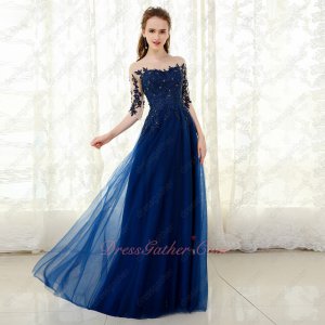 Pellucid Nude Scoop Neck Half Sleeve Navy Appliques Celebrity Dress Hot Sale