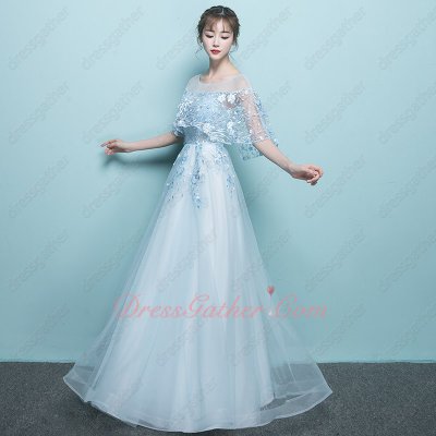 Light Ice Blue Cover Shoulder Scoop Pretty Unique Lace Horsehair Formal Prom Dress Lady