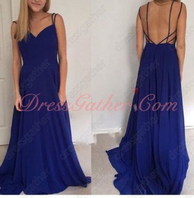 Spaghetti Straps Lightsome Royal Blue Chiffon Long Vacation Dress Sexy back