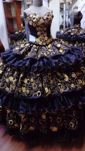 Layers and Ruffles Full Embroidery Horsehoe Charro Quinceanera Dress Black