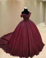 Off Shoulder Lapel Collar Burgundy Pleats Skirt Applique Quinceanera Dress Simple