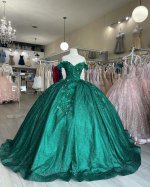 Off Shoulder Glitter Twinkling Lace Emerald Green Quinceanera Dress With 3D Flowers