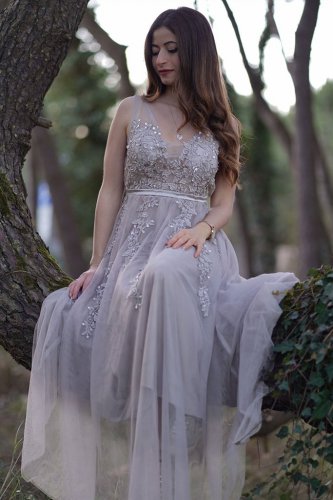 Designer See-Through Bodice Silver Tulle Prom Dress With Beading Applique