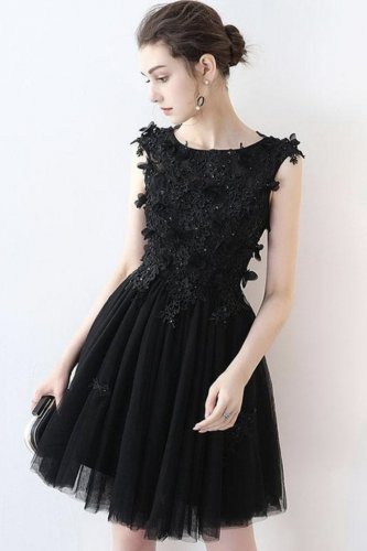 3D Applique Accented Gothic Dark Cocktail Party Short Black Dress LBD