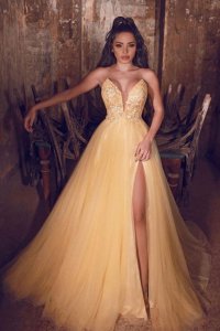 Sharp Pointed Sweetheart Yellow Applique Formal Evening Party Dress With High Slit