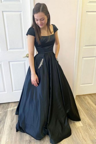 Cap Sleeves Lace Up Back Loose Skirt Navy Blue Fiesta Pageant Gown With Pockets