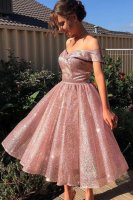 Sparkle Sequin Off Shoulder Cameo Pale Mauve Tea Length Cocktail Pageant Gown