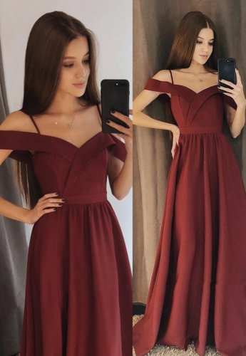 Elegant Formal Prom Dress Wine Red Off Shoulder Neck With Spaghetti Strap
