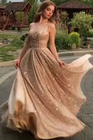 Exquisite Shiny Champagne Gold Flashy Paillette Gathering Party Dress Hot Sale