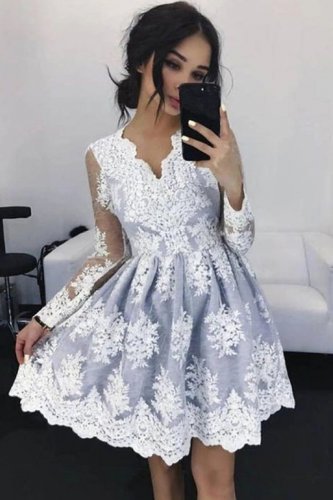 Sheer Long Sleeves Appliqued Lace Silver Tulle Dama Dress For Quinceanera