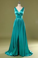 V Neckline Turquoise Front Middle Slit Annual Meeting Prom Dress Little Train