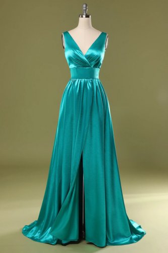 V Neckline Turquoise Front Middle Slit Annual Meeting Prom Dress Little Train