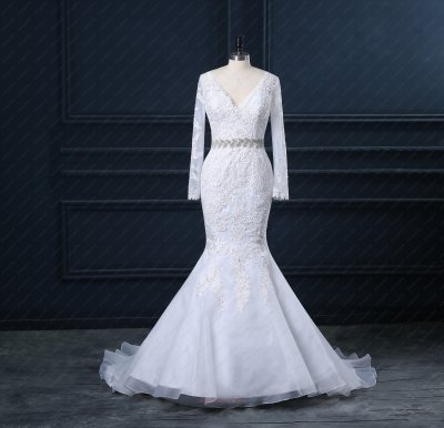 V Neck Diamond Belt Mermaid Organza Pure White Holy Wedding Gowns Long Sleeves