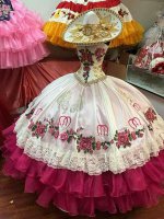 White and Hot Pink Sweetheart 3D Flowers Charro Quince Anos Vestido Quinceanera Sweet 16 Ball Gown
