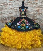 Traditional Black and Gold Charro Mexican Quinceanera Dress Fully Embroidery