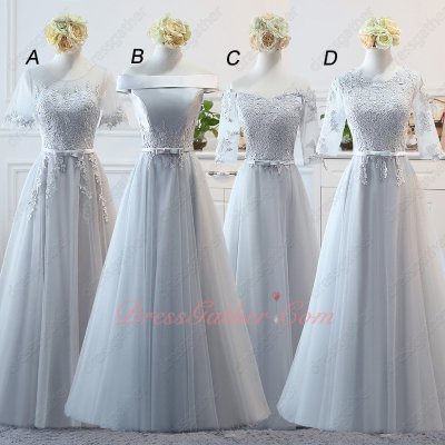 Bridesmaid Group Girls Long Elegant Silver Series Dress Different Neck