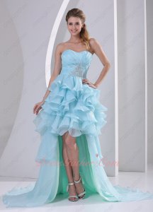 Cute Baby Blue Ruffles High-low Cocktail Pageant Evening Gowns With Layers Train